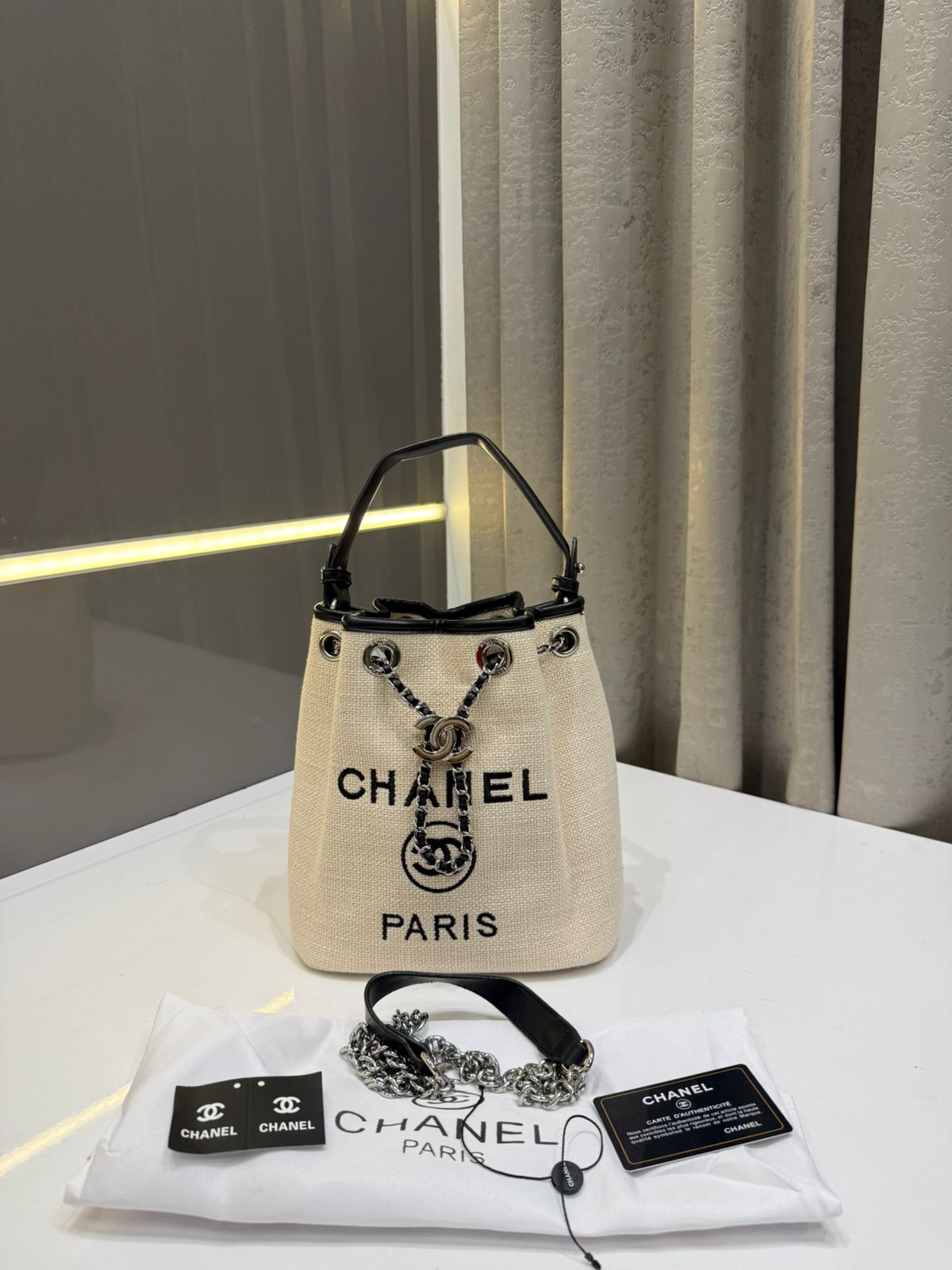 CHANEL DRAWSTRING CHAIN BUCKET BAG – BLACK LEATHER (SILVER TONE)
